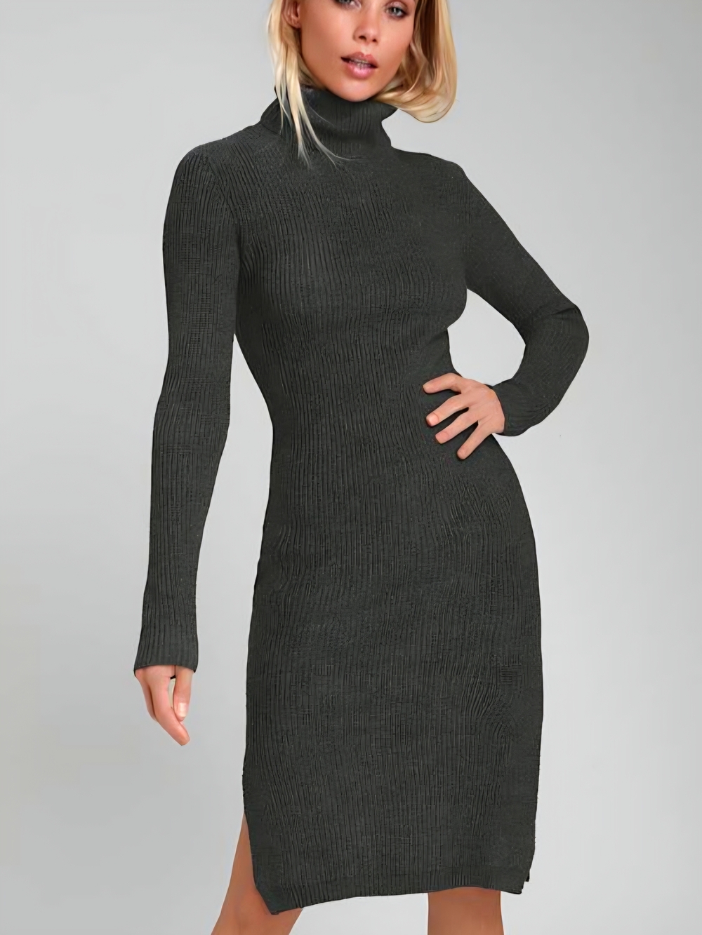 Lulus -Sheera- Ribbed Turtleneck Knit Dress - Dark Charcoal SMALL